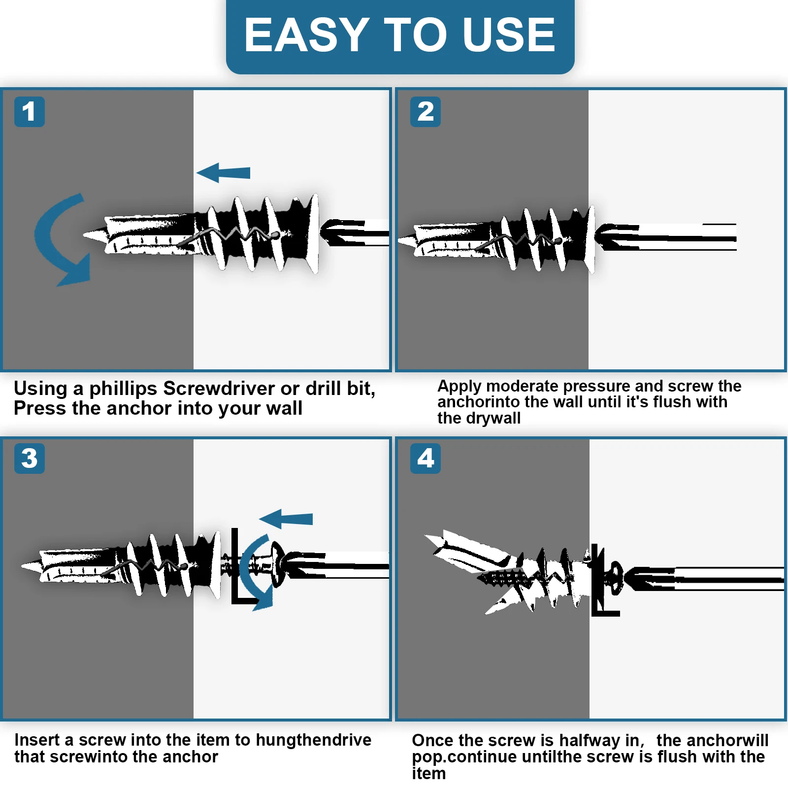 ネジ付きセルフドリル乾式壁プラスチックアンカー、事前穴あけ不要、壁取り付けネジ、 #8、50個