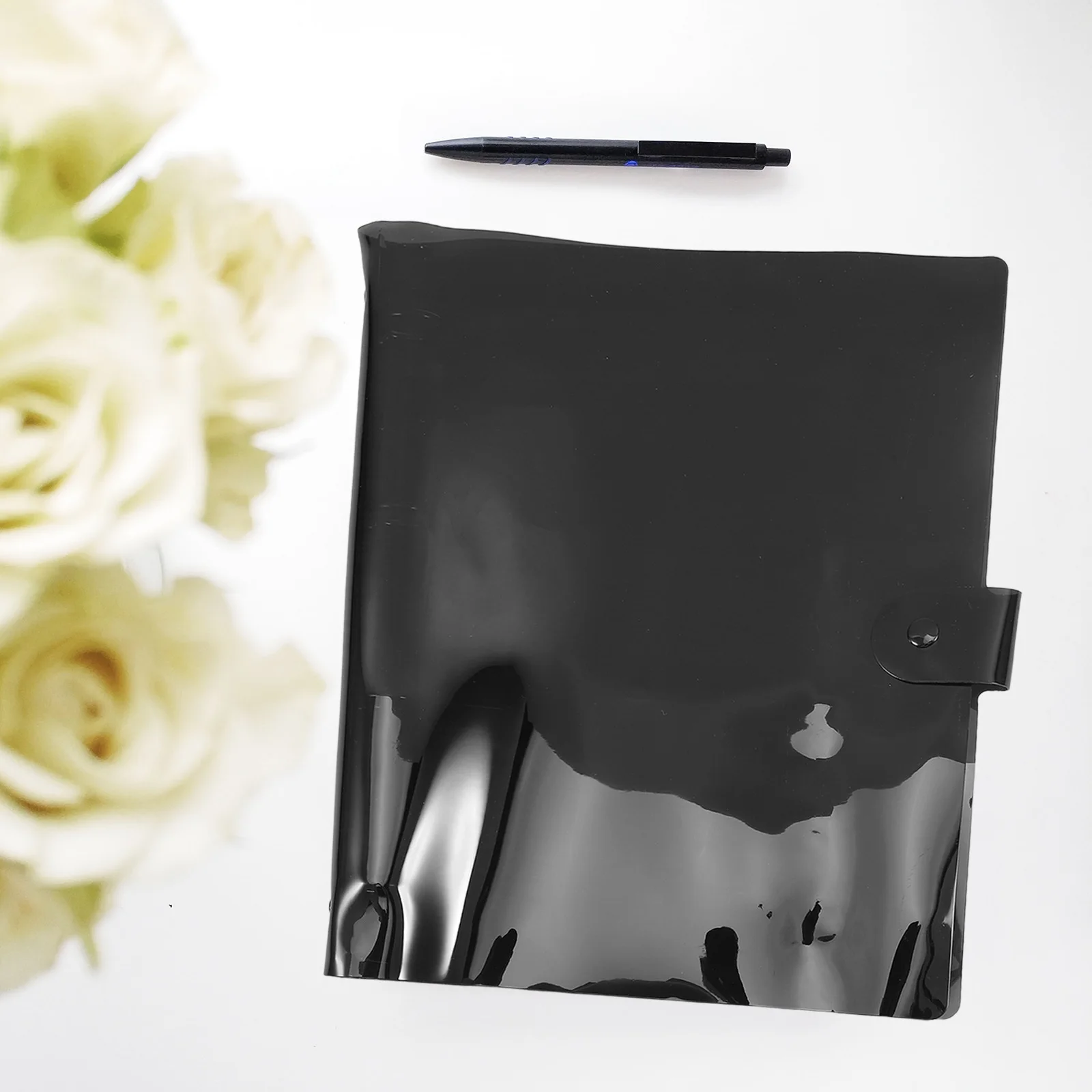 A4 Black PVC Loose Leaf Binder Snap Button Closure Refillable Notebook Protector Personal Planner Cover Notebook Binder