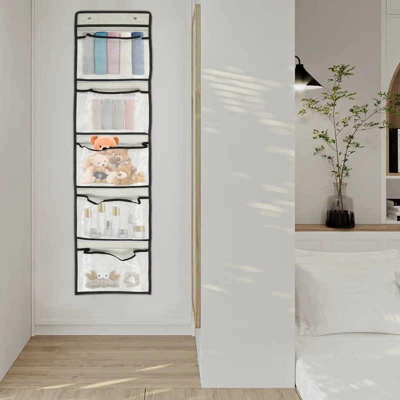 

Sock Organizer with 5 Large Pockets Foldable Hanging Closet Baby Sundries Stuffed with 2 Metal Hampers for laundry