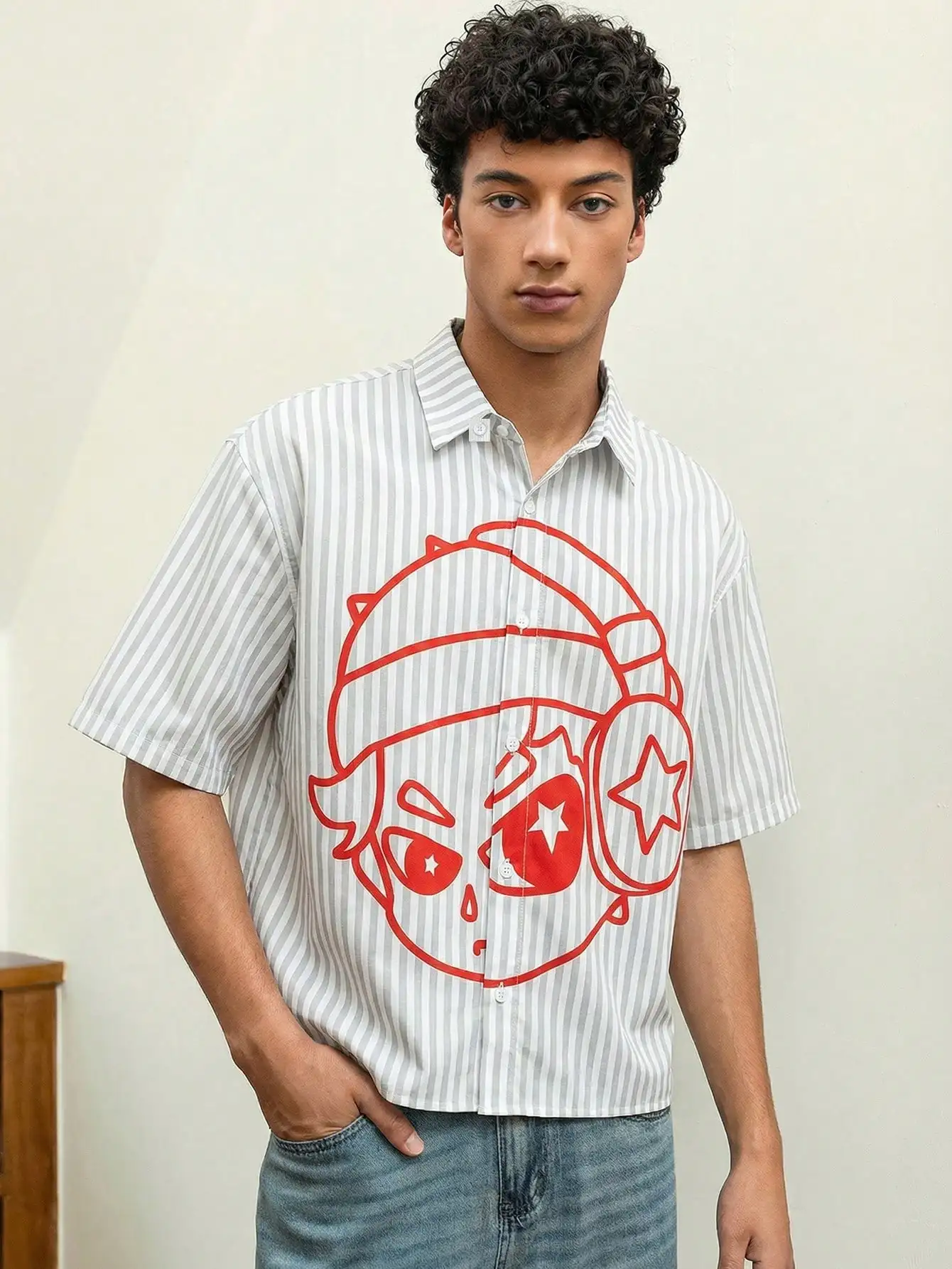 

Unisex Striped Short Sleeve Button-Down Shirt with Graphic Print