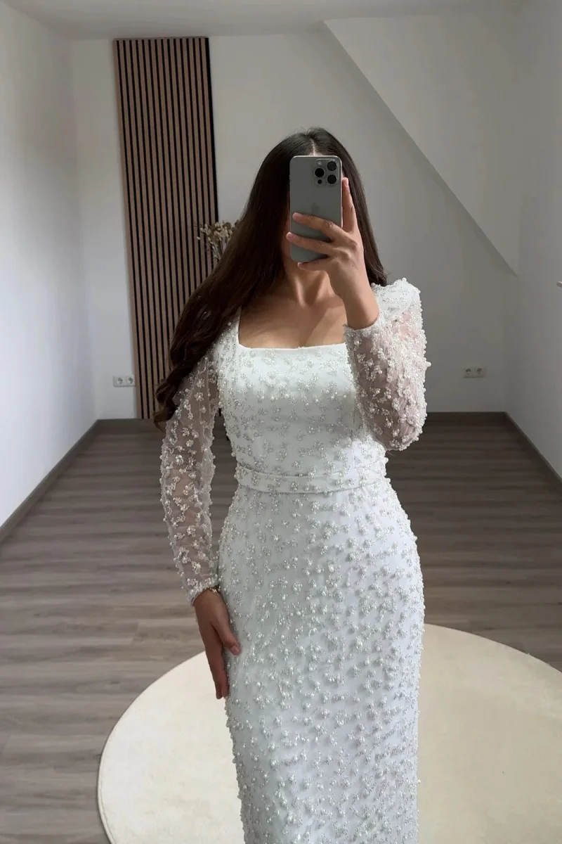 Annie White Wedding Dress Beaded Tulle Long Sleeves Prom Dresses Mermaid Ankle Elegant Lady Evening Dresses Customized 2025