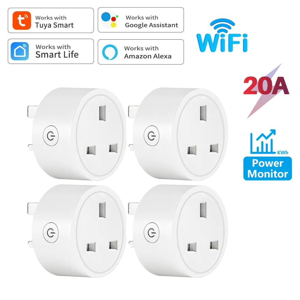 20A Tuya WiFi Smart Plug UK Wireless Control Socket Outlet with Energy Monitoring Timer Function Works with Alexa Google Home