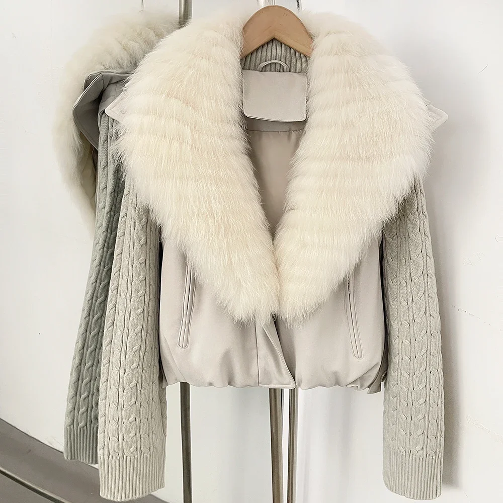 OFTBUY 90 White Duck Down Jacket Cable Knit Sleeve Zipper Drawstring Hem Cropped Coat Women Winter Real Layered Fox Fur Collar