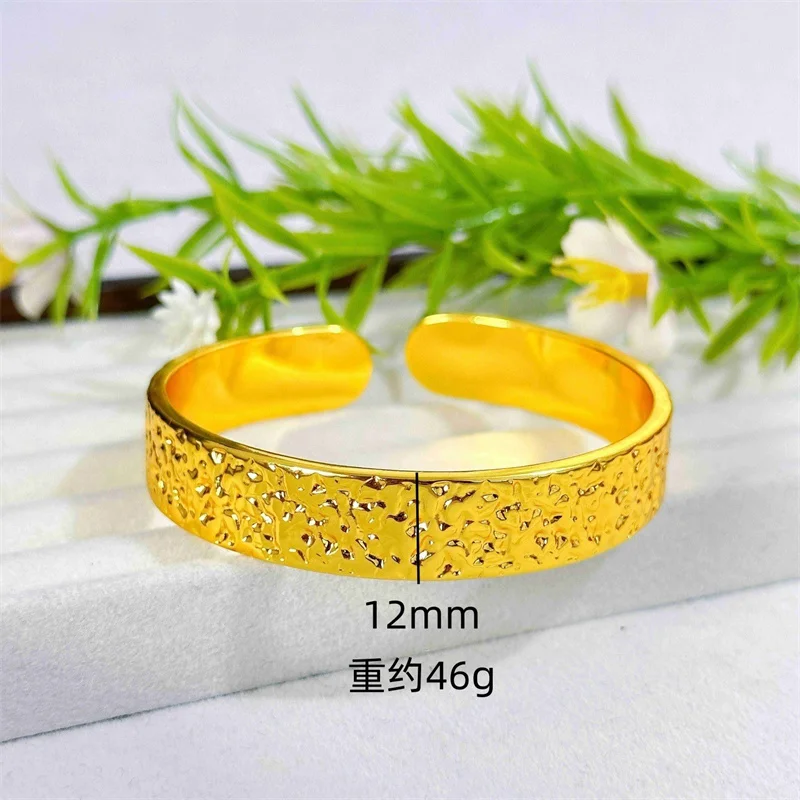 OUYADI 14K Gold Plated Stainless Steel Hammered Open Cuff Bangle, Wide Texture Adjustable Bracelet Women Jewelry Gift