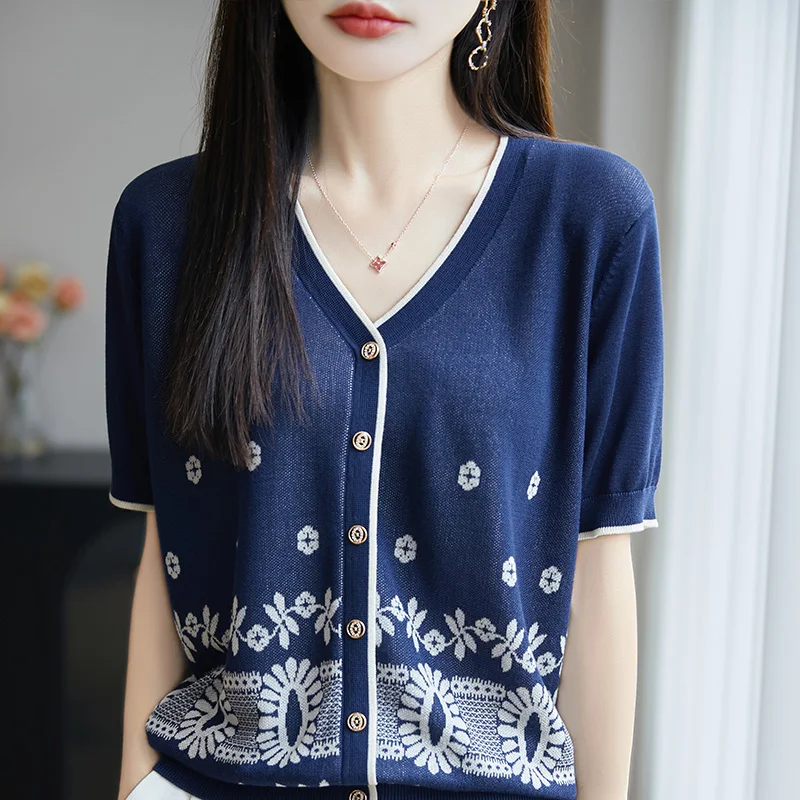 

Sunflower Jacquard Tencel 2025 Summer New Retro Round Neck Knitted Bottom Shirt Thin Loose Short-sleeved Women
