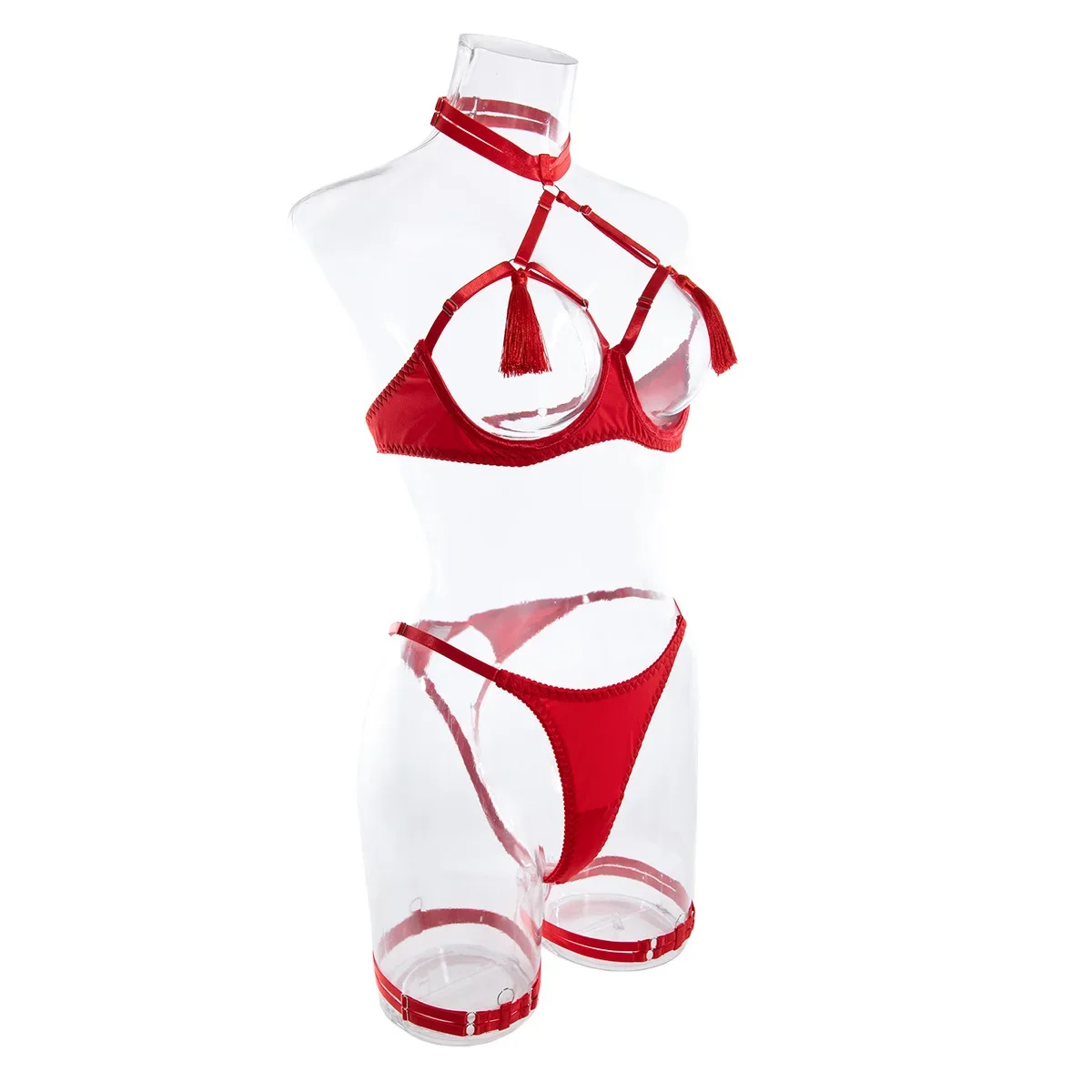 

New Hot Sexy Lignerie Set Tassel Lingerie Set Women Halter Cut Out Sexy Erotic Set Red/Black Back Open Brief Kit
