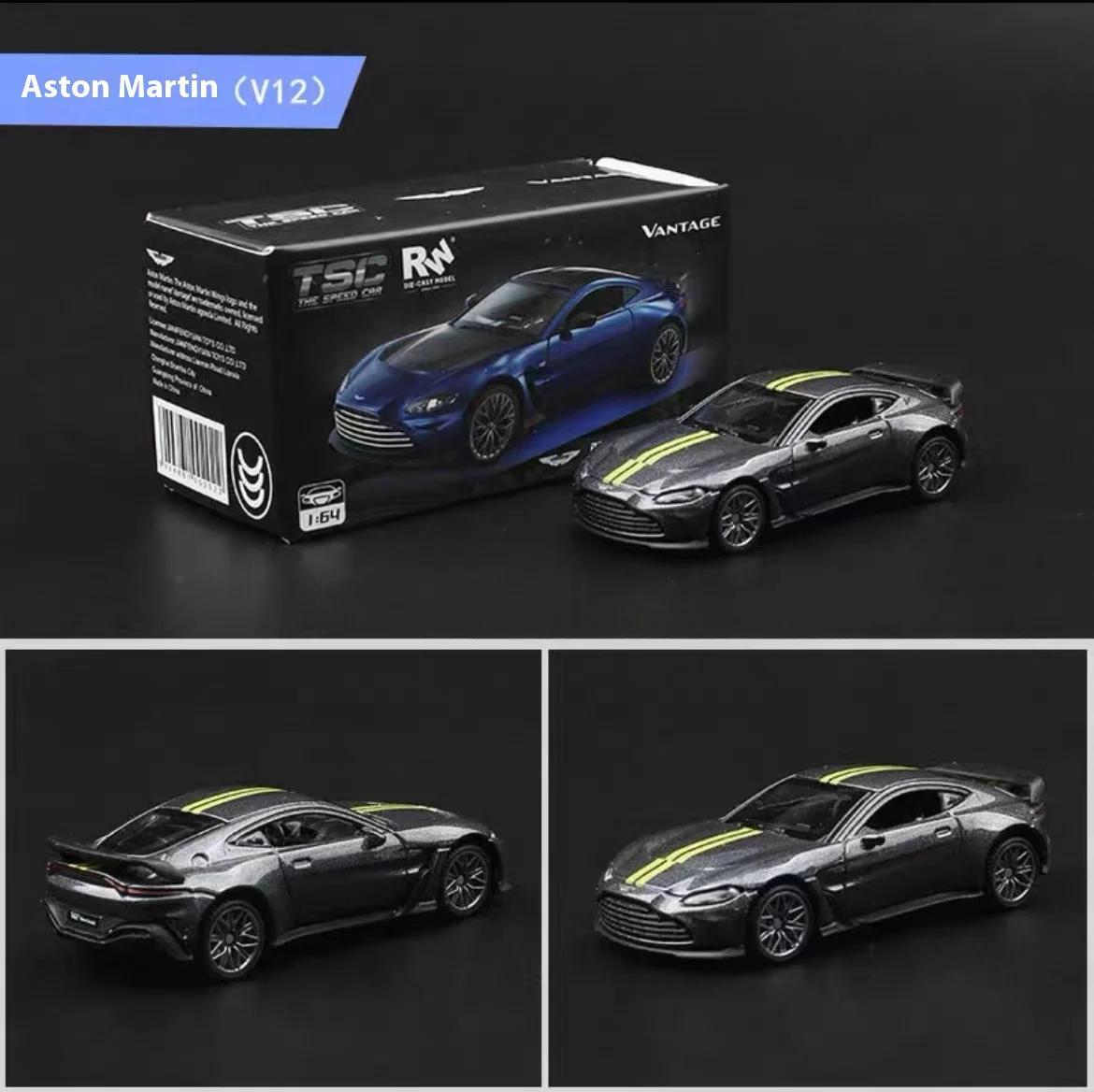 نموذج سيارة مصغر مقاس 1:64 أستون مارتن (V12) مع شارات مفصلة - لعبة مجسمة سيارة قابلة للجمع باللونين الأخضر والرمادي هدية #6