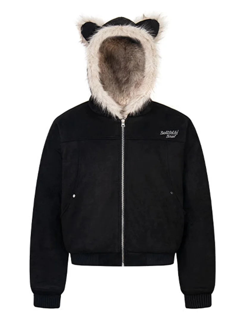 

Зимняя хлопковая куртка унисекс с флисовой подкладкой, замшевая, бархатная, с капюшоном и ушками медведя, модная, повседневная, свободного кроя, теплая, на молнии