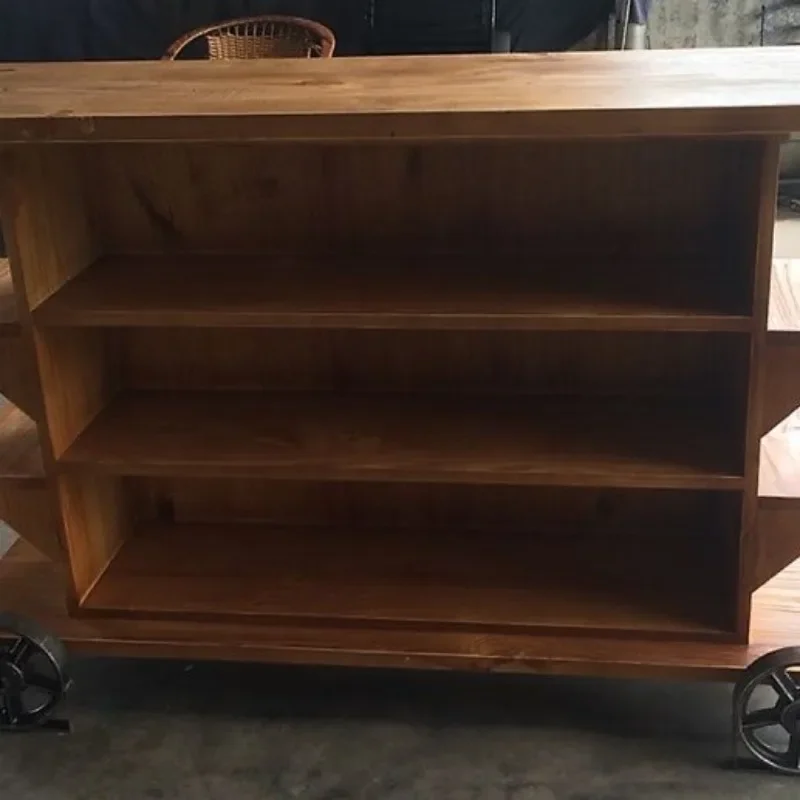 Retro solid wood wrought iron bar reception table, backrest rotating chair with wheels reception counter