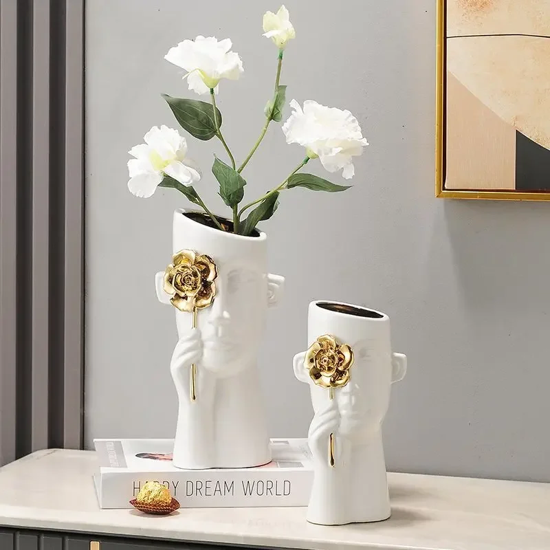 Minimalist Portrait Resin Vase - Black Human Head Sculpture, Unique Flower Pot for Office Desk, Creative Decor for Home Flower A