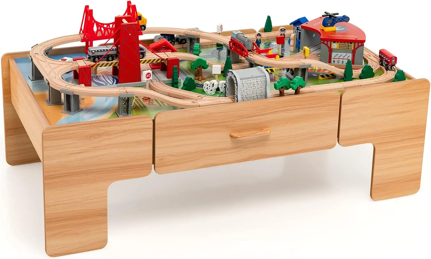 

Train Table, 100-Piece Wooden Kids Activity Table with Storage Drawer, Tracks, Trains, Cars, Train Track Set with Reversible Tab