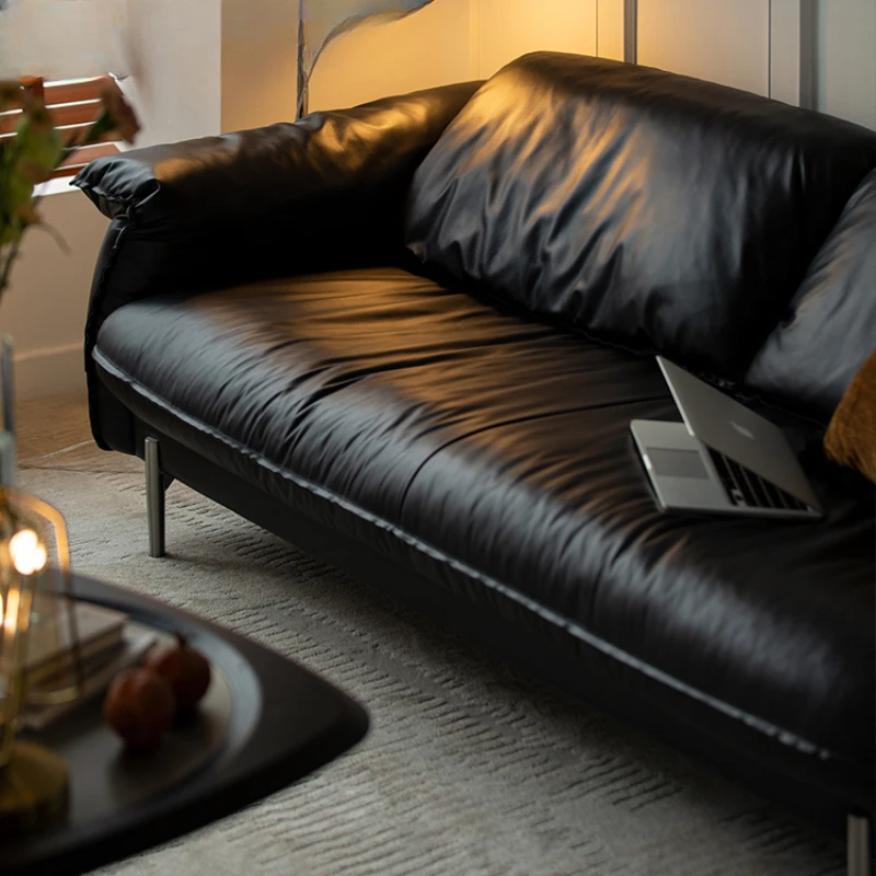 

Minimalist leather sofa living room simple black straight row