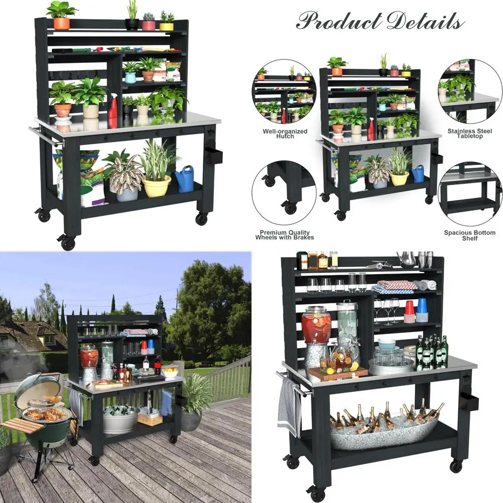 

Large Outdoor Kitchen Island Prep Station with Stainless Steel Top, Waterproof Cover, and Hardwood Construction, 66.9 High