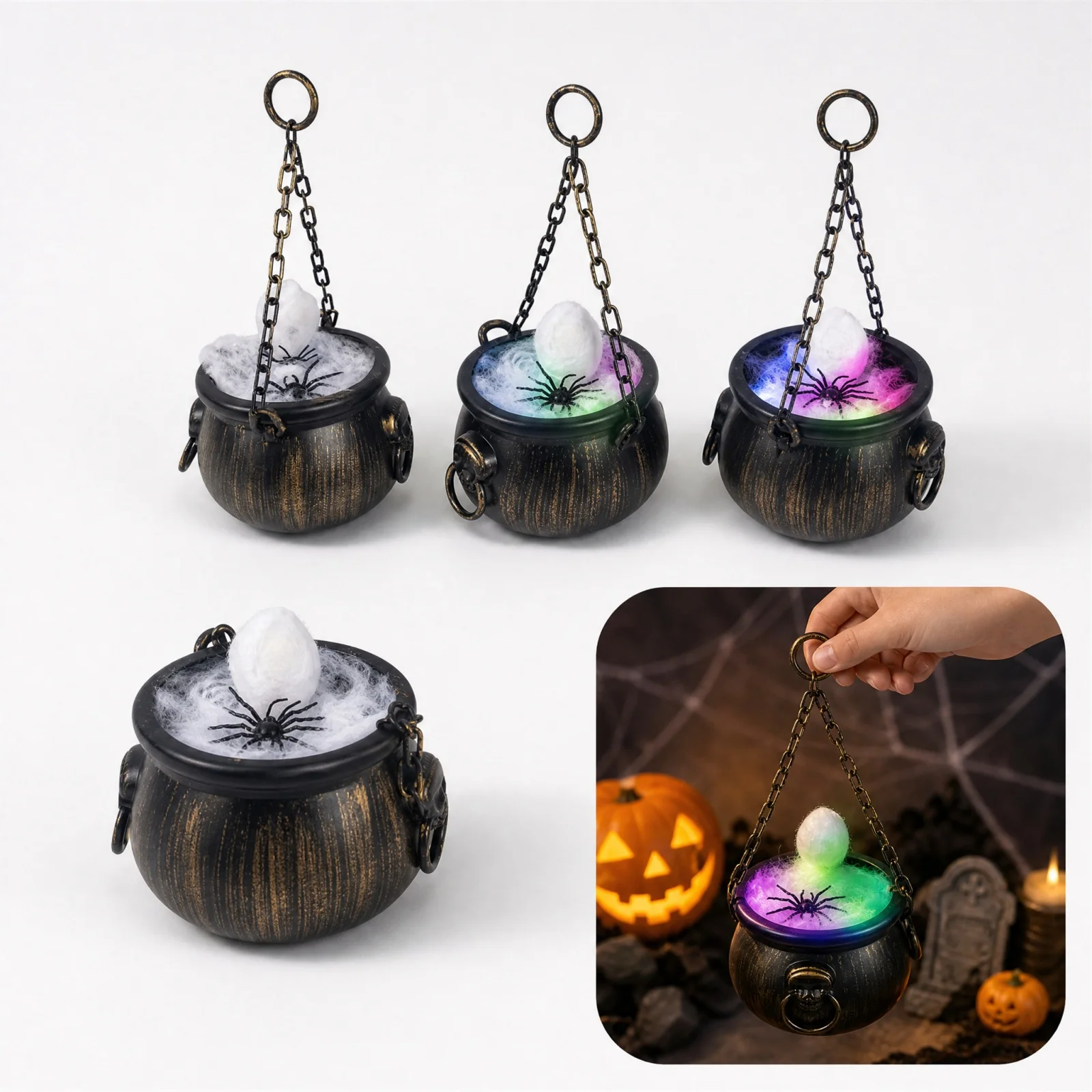 Halloween Cauldron with Spider and LED String Light Scary  Halloween Decorations for Yard, Lawn, Home, Table, Mantel, Party