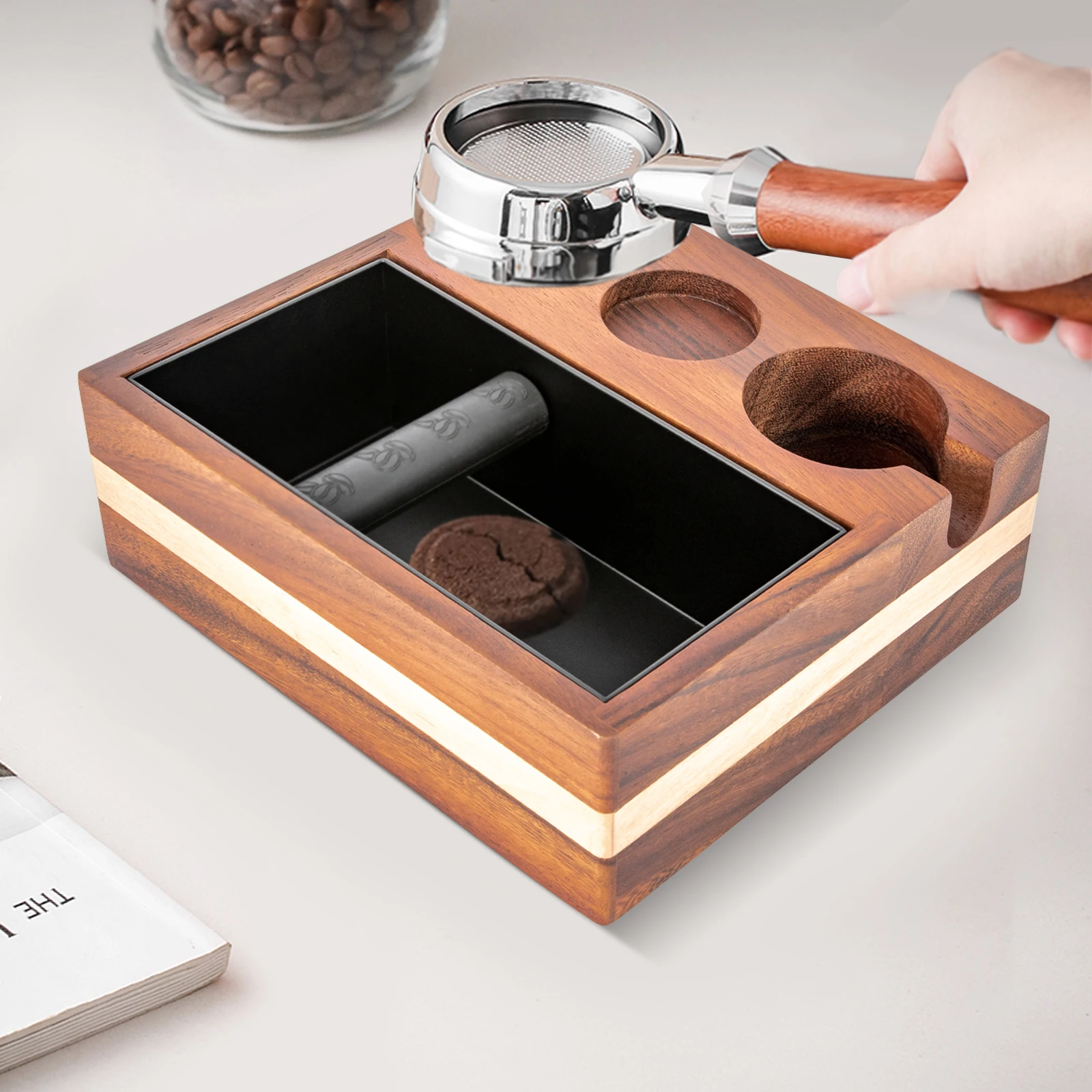 Espresso Knock Box and Tamping Station, Coffee Machine Accessories, Wooden Tool Storage Boxes for Tamper,