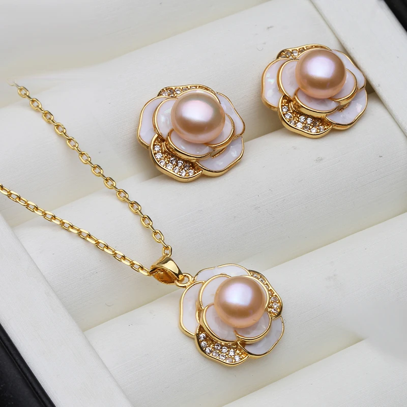 Hochzeits-Set mit Weißen Natürlichen Süßwasserperlen: Halskette und Ohrringe, Echtes 925 Silber Perlen-Ohrstecker-Set für Ehefrau, Mutter, Jahrestag, Rosa – Detail 2