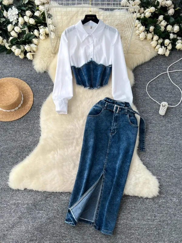 

Women Two-Piece Sets Vintage Turn-down Collar Cowboy Spliced Shirt High Waist Split Skirt Korean High Street Autumn Clothing