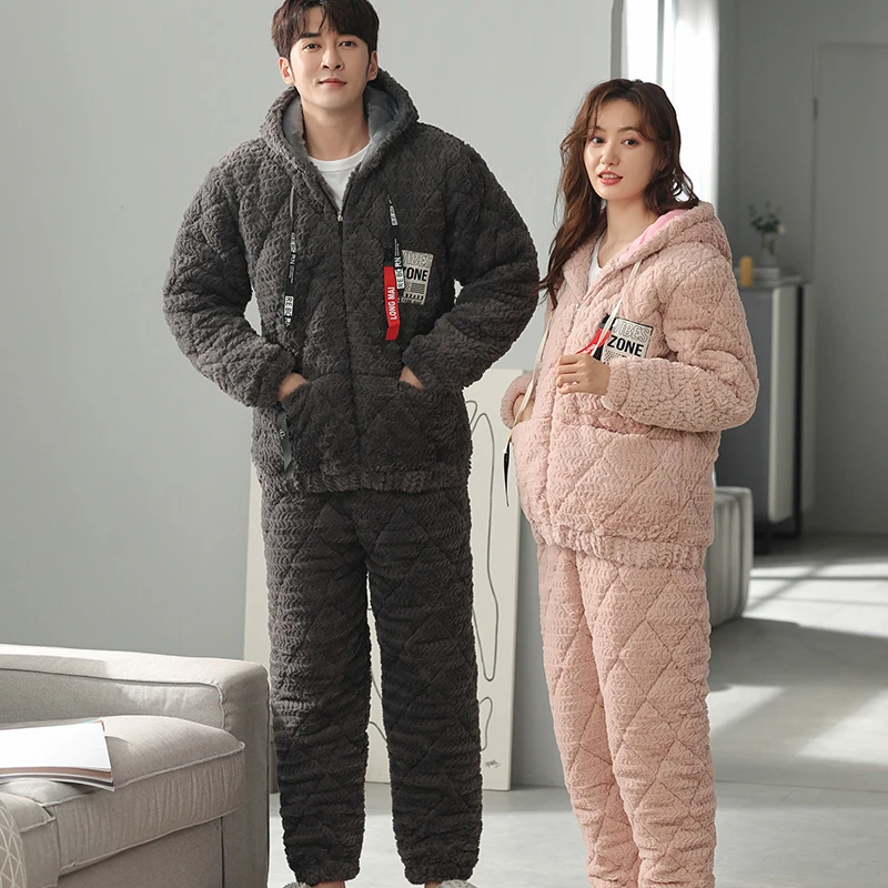 Winter Couple 3 Layer Clip Cotton Pajamas Women and Men Long-Sleeved Zipper Plush Suit Plus Size Homewear Can Be Worn outside