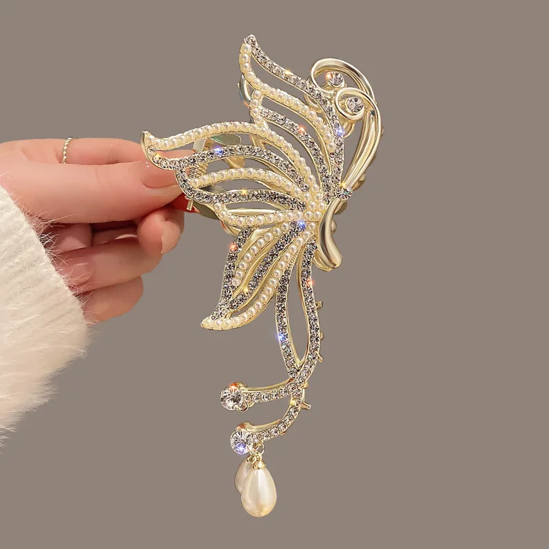 VANIKA Fashion Butterfly Hair Claw Rhinestone Pearls Hair Clips For Women And Girl Ponytail Claw Clip Hair Accessories Gifts