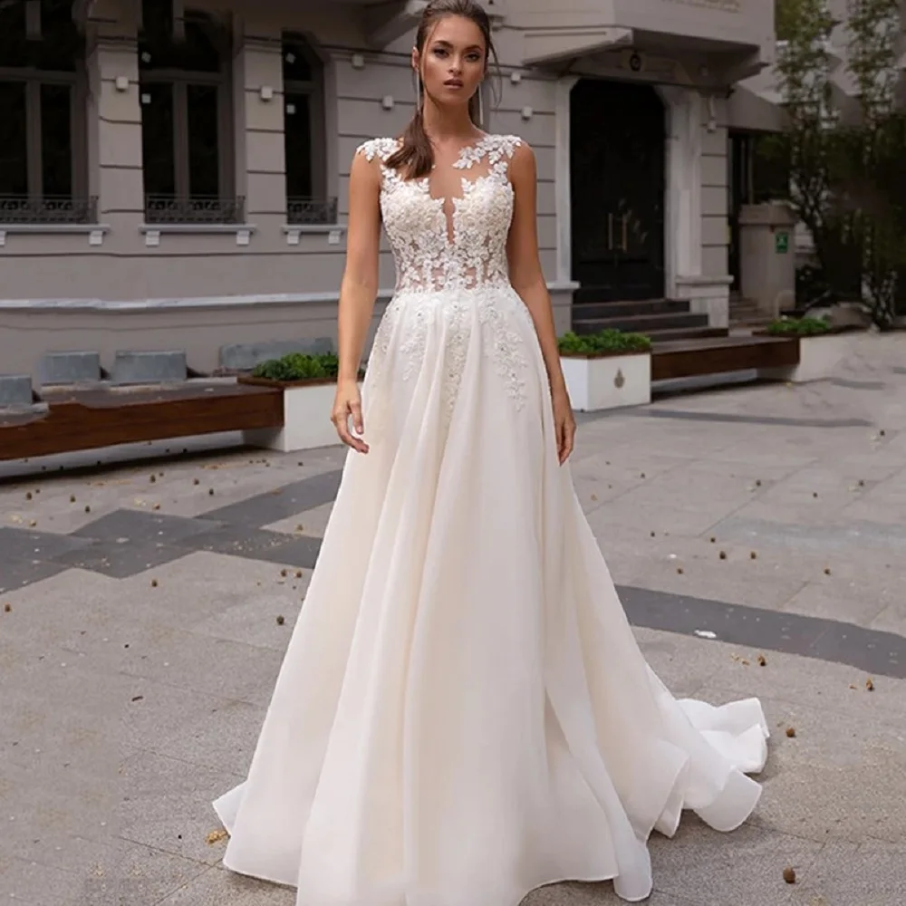 

Princess A-line Sheer Neck Appliqued свадебное платье Sleeveless Wedding Dress Satin Bridal Gowns Vestidos De Noiva Mariage