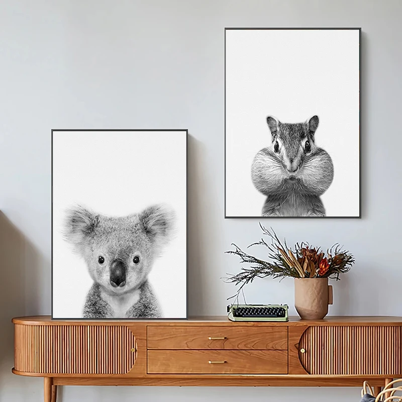 Hedgehog Racoon Lamb Black and White Animal Posters Canvas Painting Nursery Wall Art Pictures Living Room Home Decor Gift