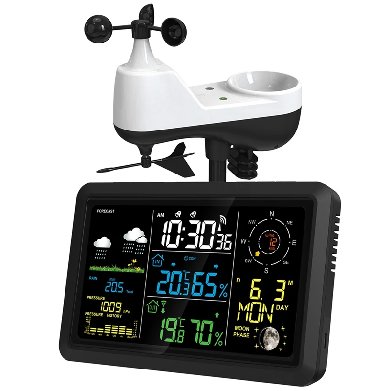 M11K7.5In VA LCD Screen Weather Station With Outdoor Sensor Indoor Outdoor Thermometer Wind Speed And Direction Moon Phase