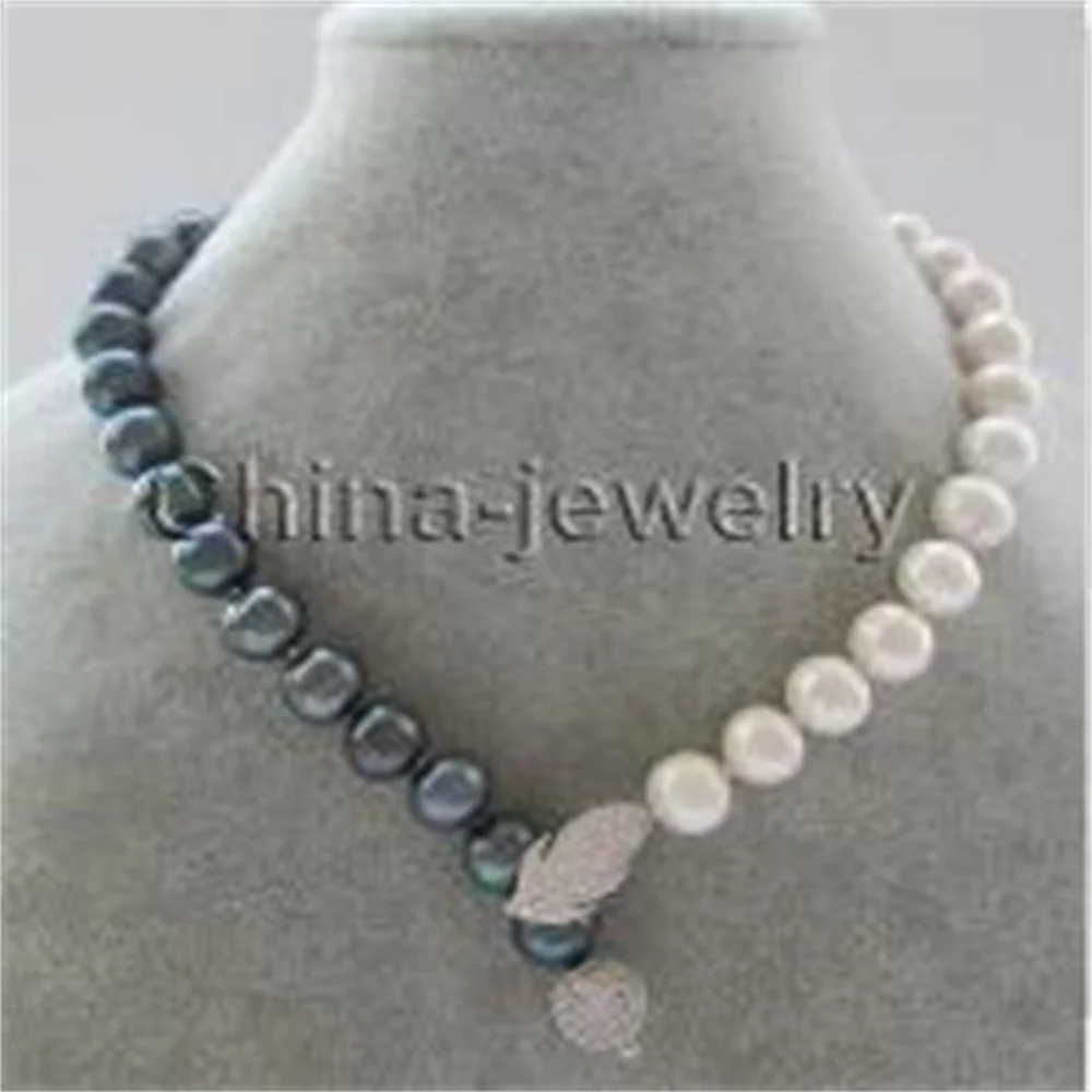 22" 11-12mm natural white + black round freshwater pearl necklace - 925