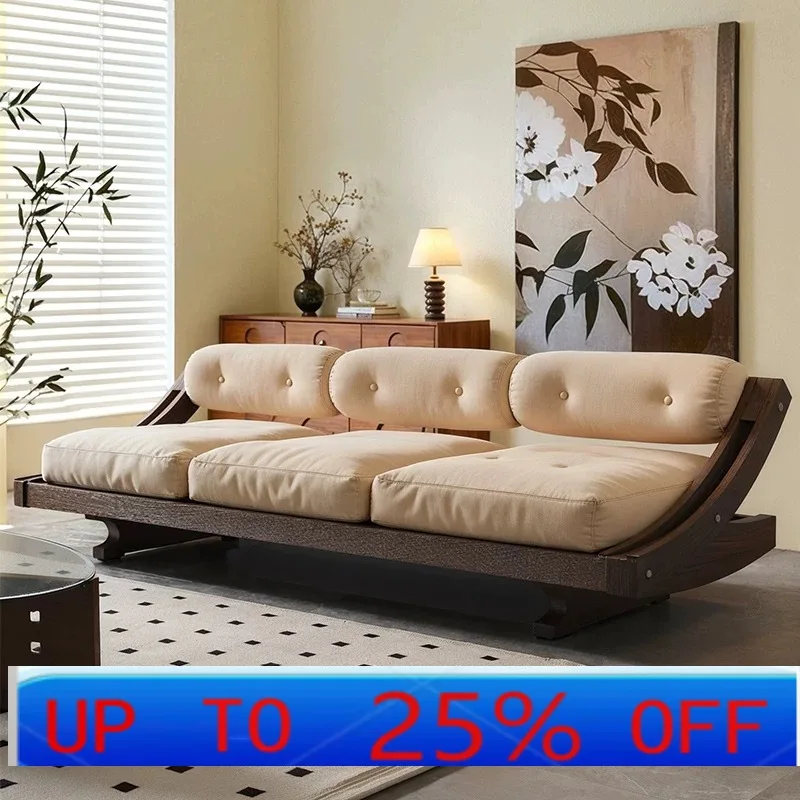 

LH small apartment sofa living room straight row retro style solid wood armrest sofa