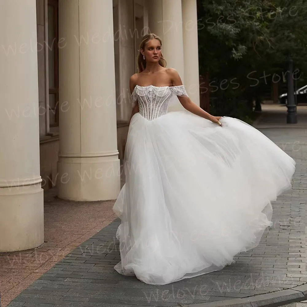 Gorgeous A Line Women's Lace Off The Shoulder Wedding Dresses Robe De Mariée Customized Sleeveless Bride Gowns Vestido De Novia