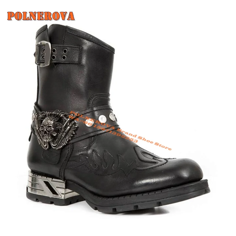 

Metal Skull Rivet Punk Motorcycle Boots Pointed Toe Chunky Heels Large Size Belt Buckle Retro Men Shoes Cyberpunk 2024 New Style