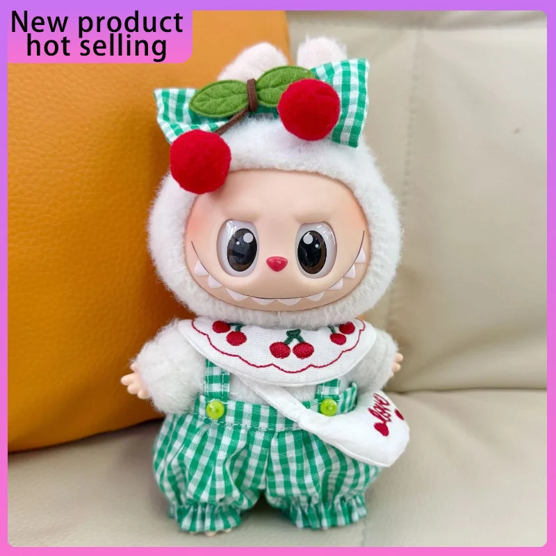 

Suitable for labubu the first second generation Dolls Clothes and pants sets green grid cherry shoulder bags Dolls Accessories