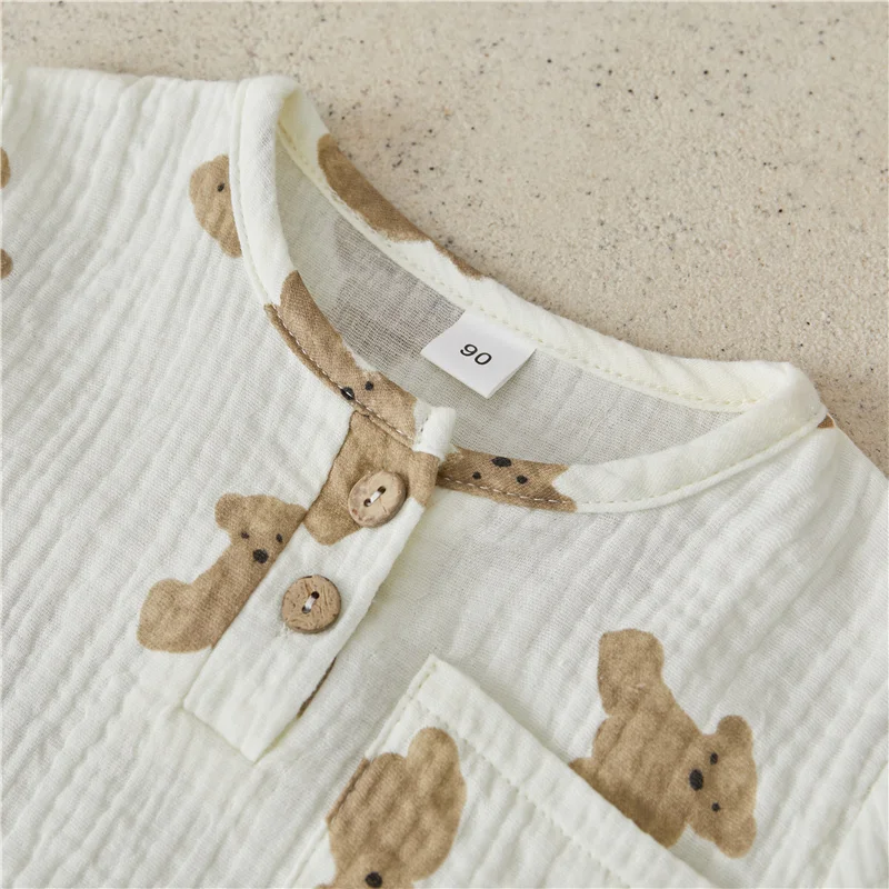 Suefunskry Toddler Boy Summer Outfit Bear Print Short Sleeve with Pocket T-shirt Tops with Solid Color Shorts 2Pcs Clothes 6M-4Y