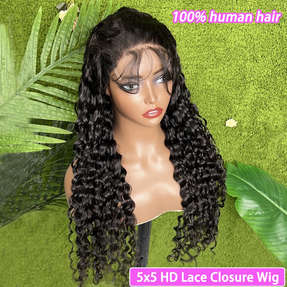 

Парик из натуральных волос Water Wave 5x5 HD Lace Closure, предварительно проработанный, 200% плотность, полностью вьетнамские волосы # Натуральный черный парик из необработанных волос 1B