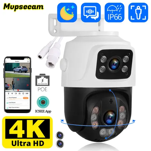 Imagen 1 del producto 8MP 4K Cámara IP POE de doble lente PTZ Pantalla dual Hogar inteligente 360 °   Cámara IP de videovigilancia con cable Detección de movimiento CCTV ICsee
