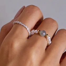 2Pcs/Set Light Luxury Sparkling Metal Chain Imitation Pearl Beaded Rings For Women Minimalist Resin Beads Ring Aesthetic Jewelry