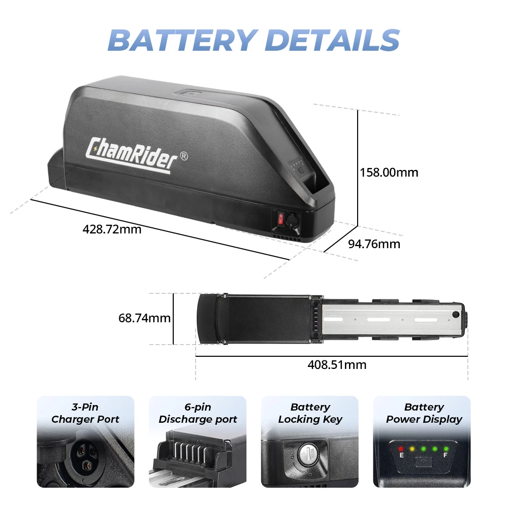 ChamRider 48V 36V 52V Ebike Battery 28.8ah Polly C 40A BMS 18650 Cells 500W 750W 1000W 1500W 21700Pack Electric Bicycle Lithium