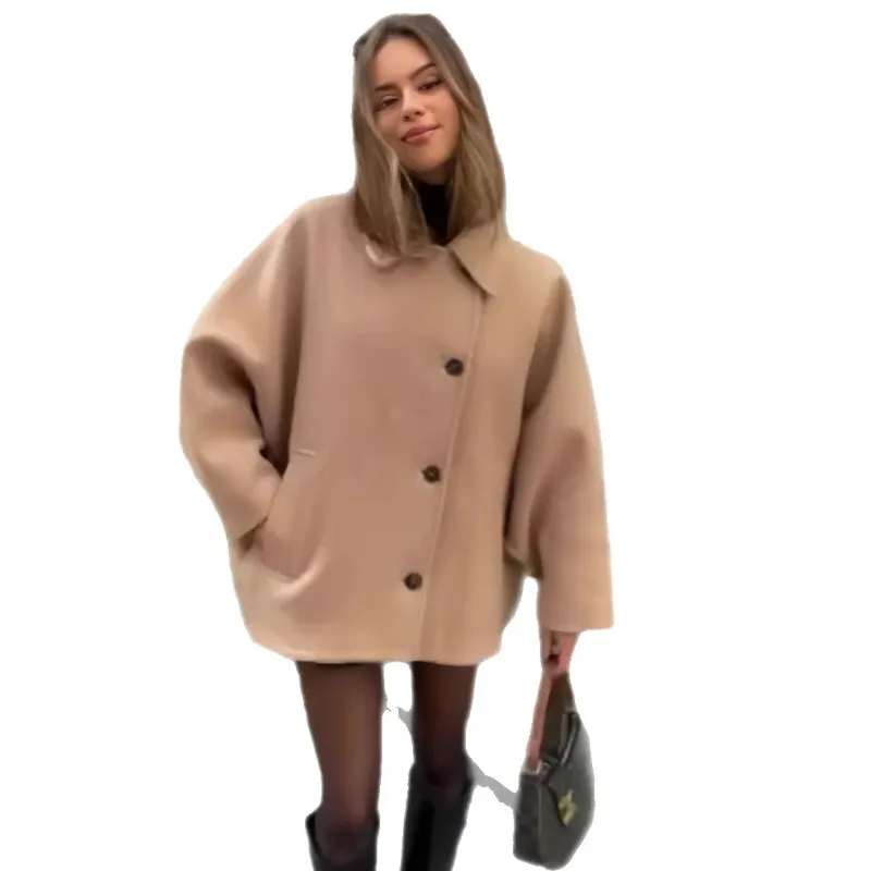 

2025 New Loose Women Woolen Coat Slanted Button Design Fashion Outerwear Polyester Fiber Pure Color Full Sleeve Long Trench
