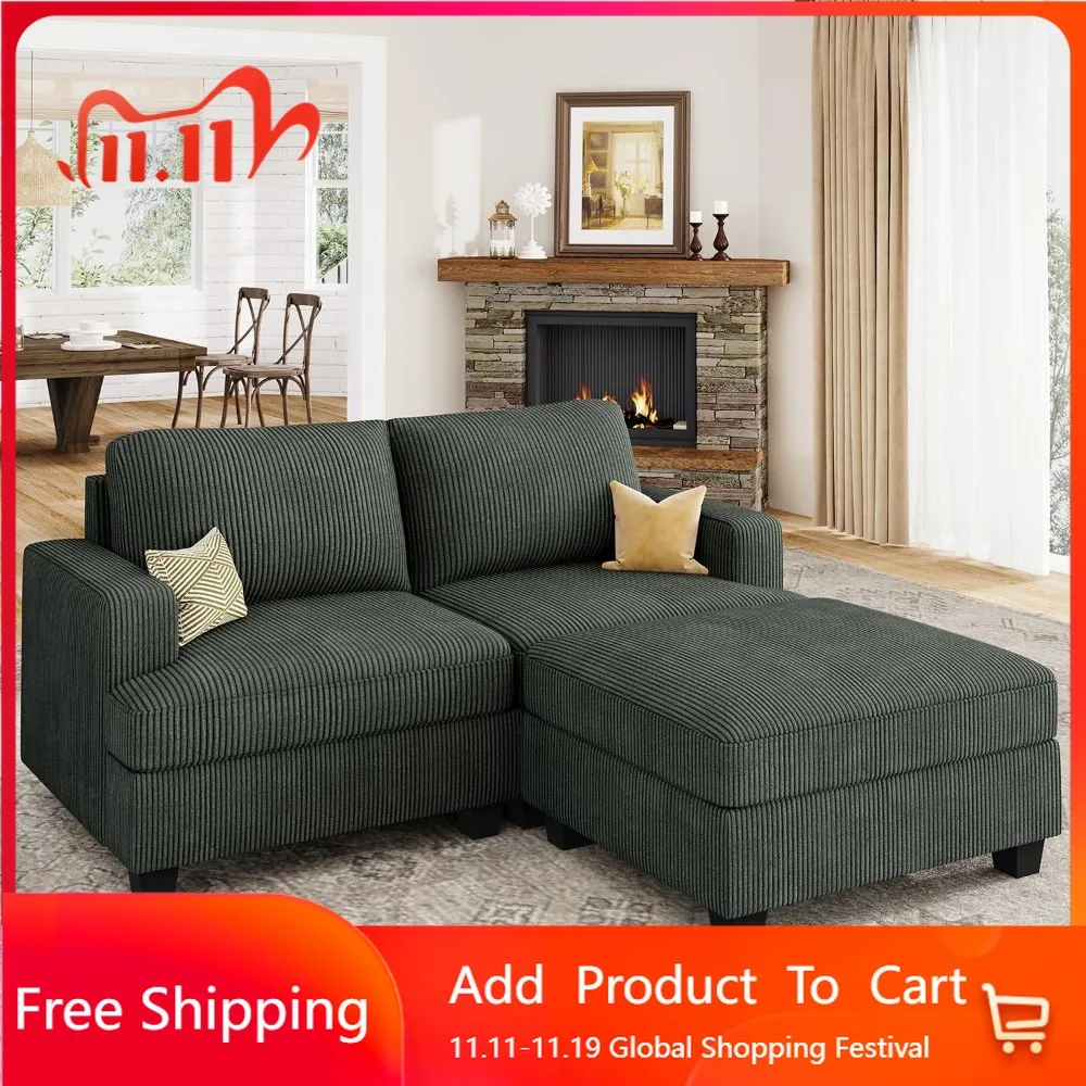 أريكة سروال قصير على شكل حرف L مقاس 65 بوصة مع مساحة تخزين لأثاث غرفة المعيشة العثمانية، مجموعة أريكة مريحة
