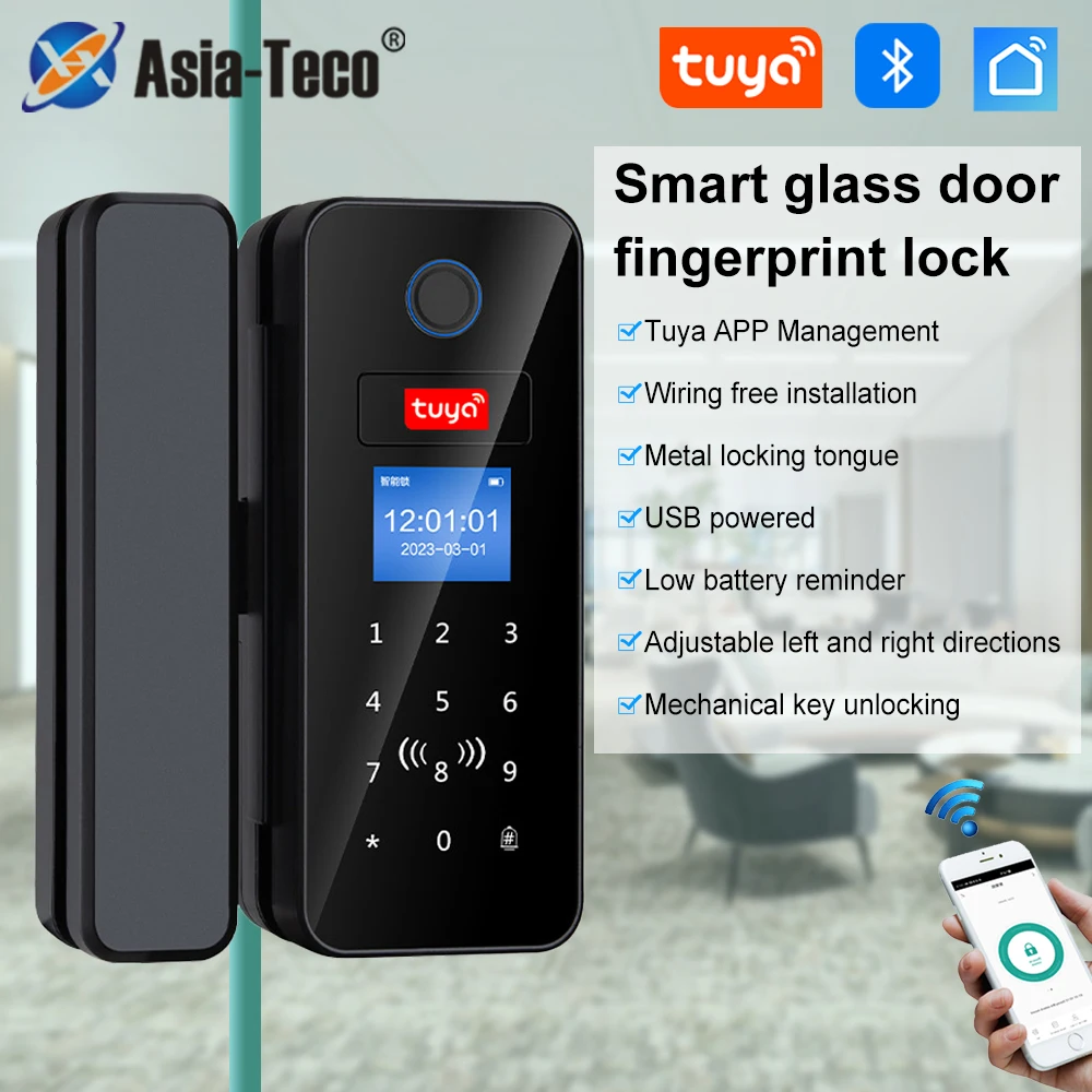 Electronic Fingerprint Recognition Smart Glass Lock Tuya APP Bluetooth Gateway IC Card Biometric Unlock for Glass / Wooden Door