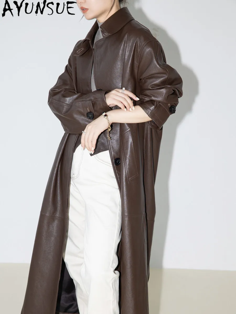 AYUNSUE Real Leather Jacket Women  Autumn Clothes Sheepskin Long Trench Coat Woman Vegetable Tanning Loose Fit Jaqueta De Couro