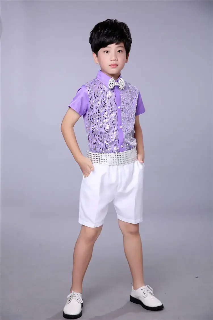 Disfraz de coro para niños, ropa para niños, Tops y pantalones de lentejuelas de manga corta, ropa de baile latino, 2024, 2 unids/set