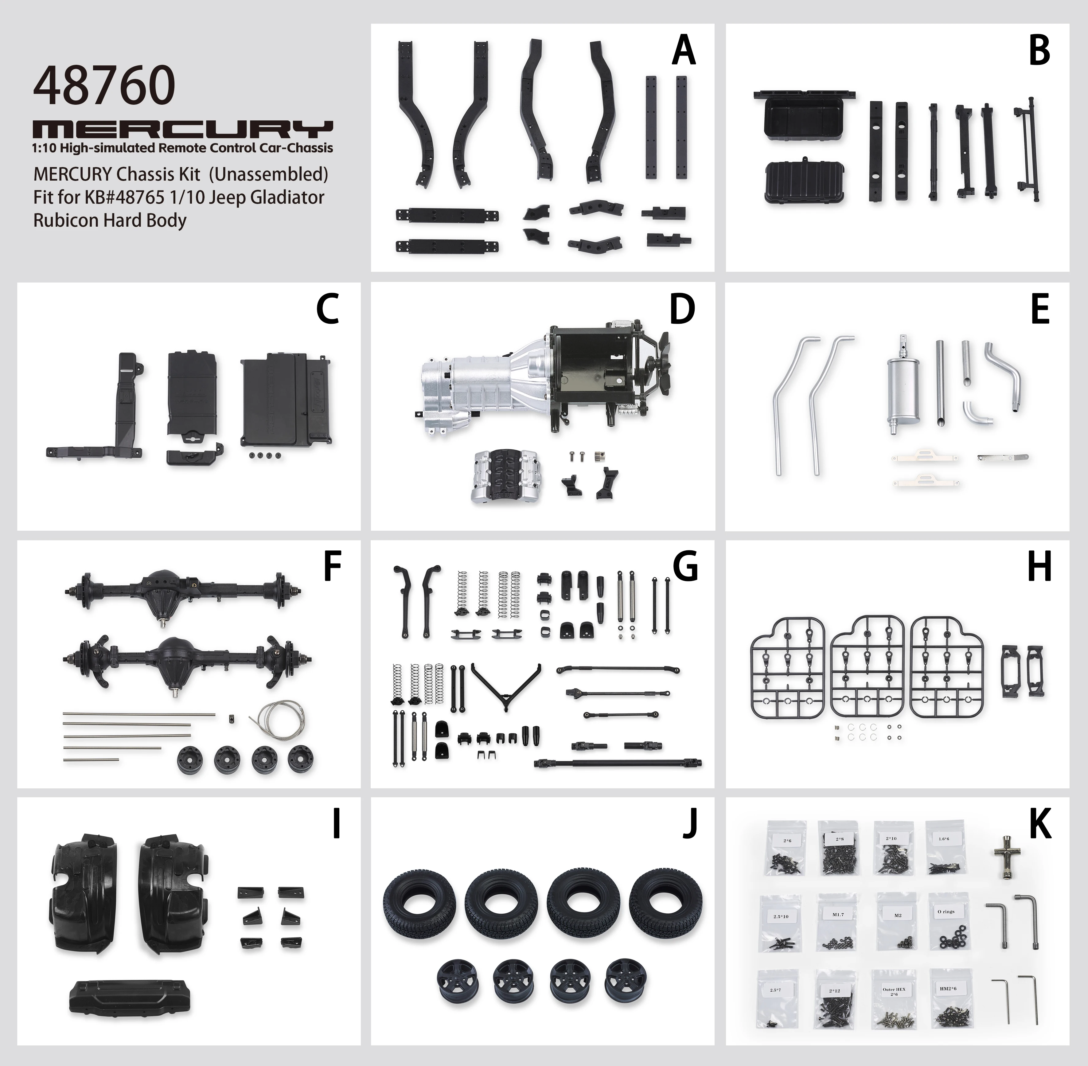 Killerbody MERCURY Chassis Kit （Pre- assembled F/R axle and gearbox）Fit for KB48765 1/10 Jeep Gladiator Rubicon Hard Body