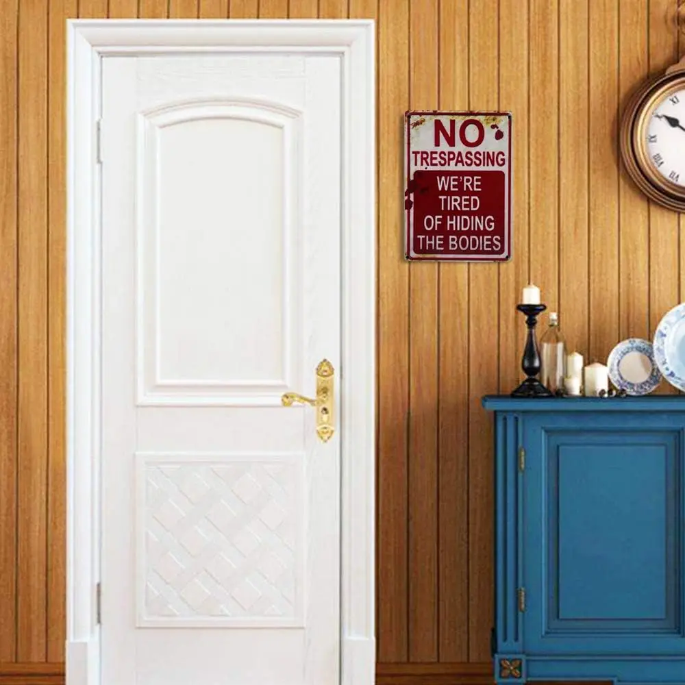 علامات الهالوين لتزيين الهالوين، علامات ريترو عصرية أنيقة ومضحكة من القصدير المعدني بدون ممارسة التعدي على الإجهاد، نحن متعب من إخفاء الهيئات. #4