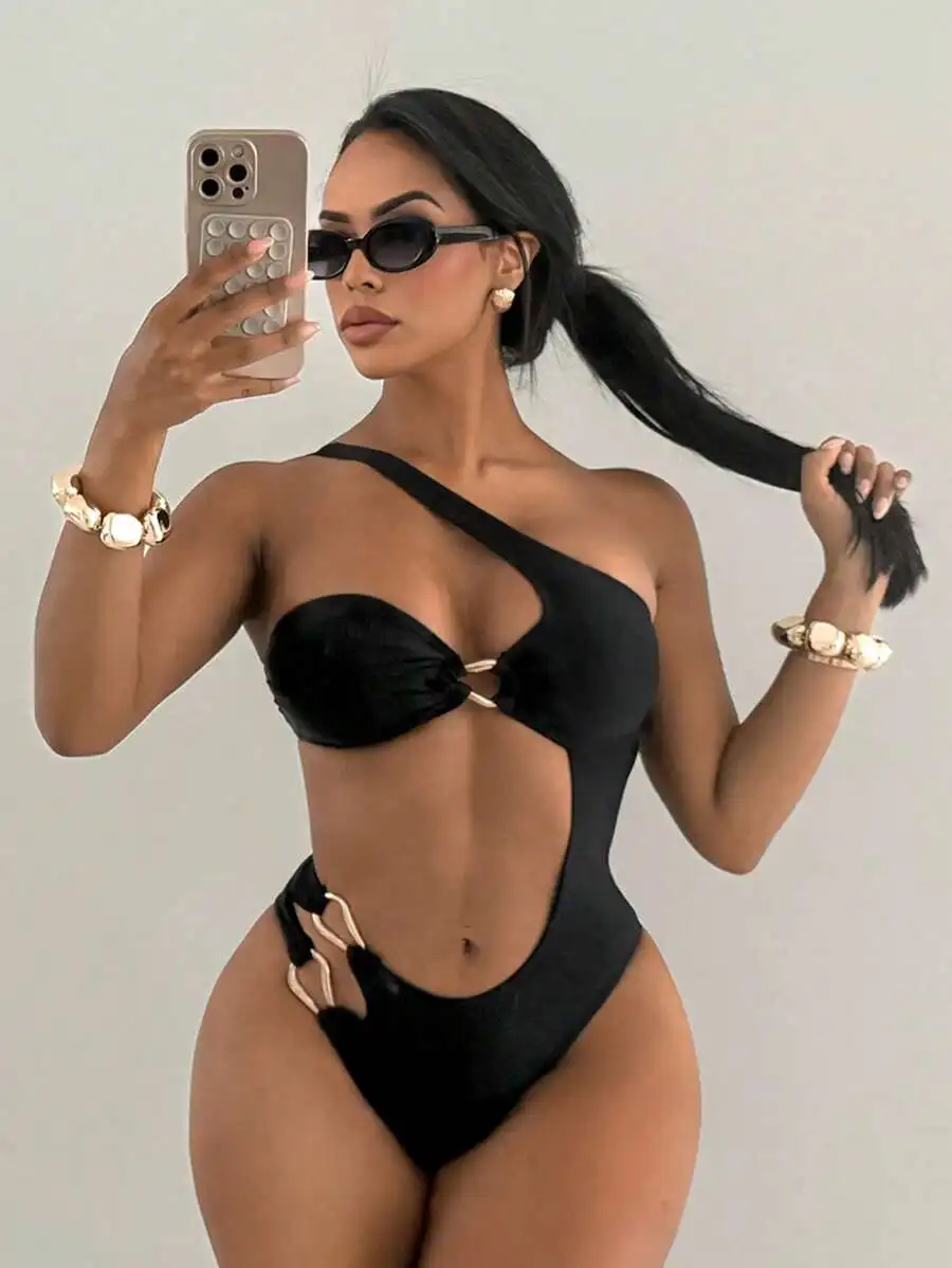 

Women Solid Color One-Piece Swimsuit With Cut Out And Halter Neck For Beach Summer