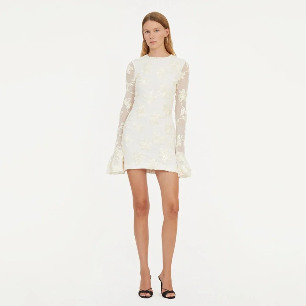 

Elegant Embroidery Bodycon Short Dress Mesh Flare Sleeve Slim Backless Patchwork Ruffled Evening Party Club Mini Dresses