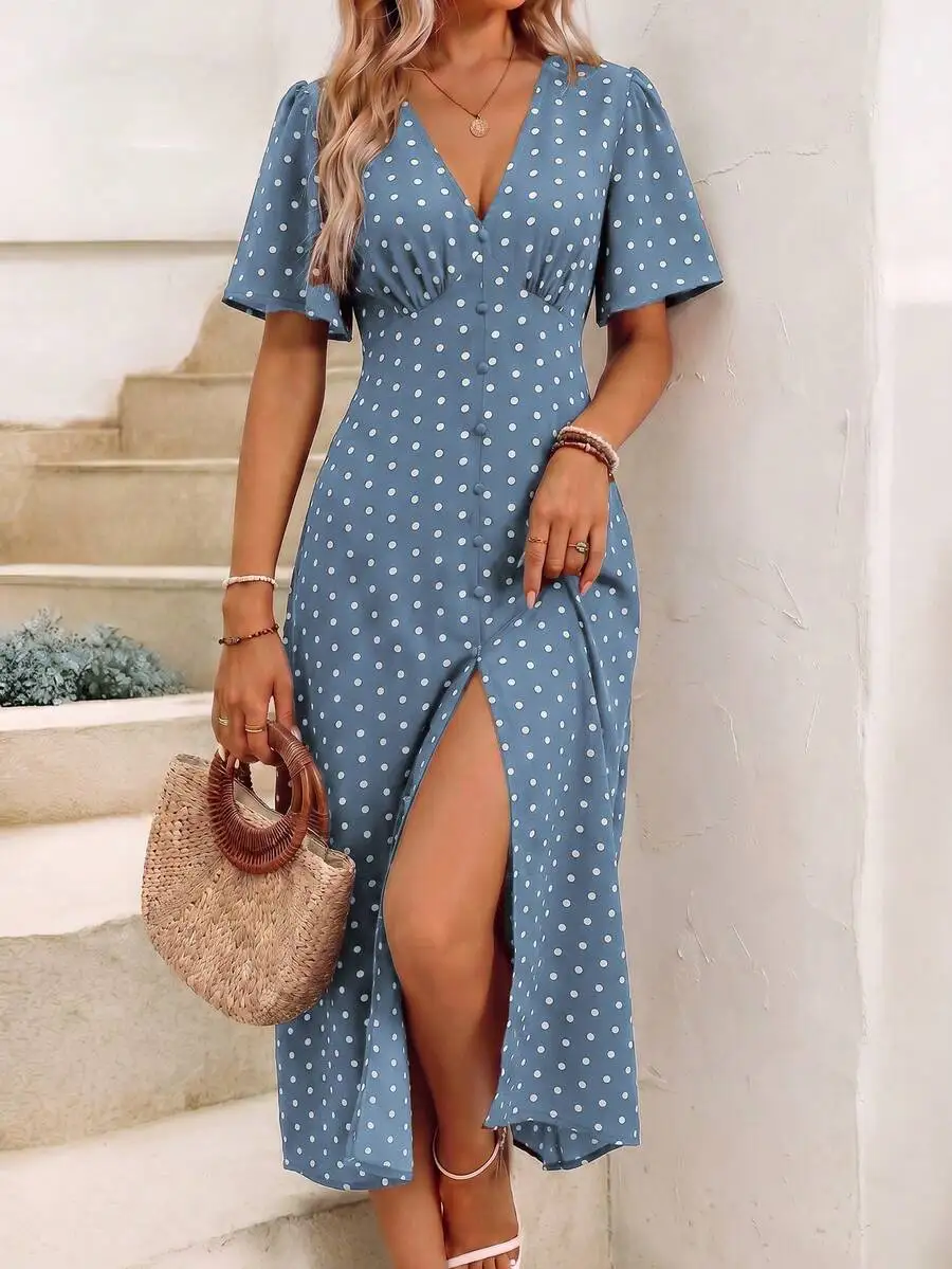 Wandoria Women's Tropical Plant Print V-Neck Ruffle Short Sleeve Long Elegant Dress With Side Slit Hem, Perfect For Vacation
