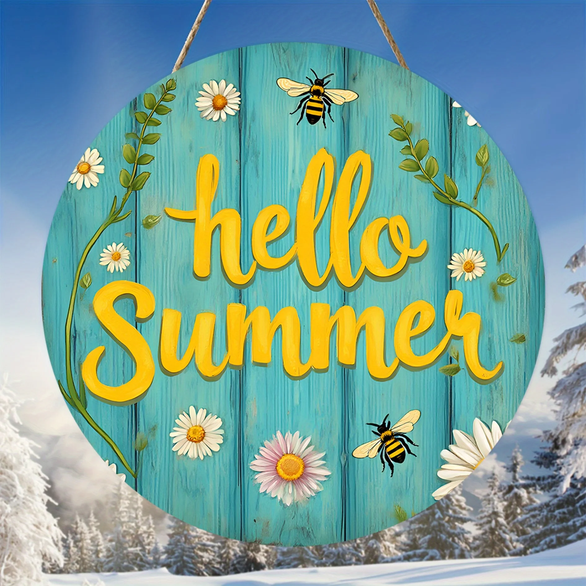 2D Flat, 1pc Hello Summer Bee & Daisy Farmhouse Style Wooden Round Hanging Sign, Vintage Wall Art, No Drilling Required Rope, Su