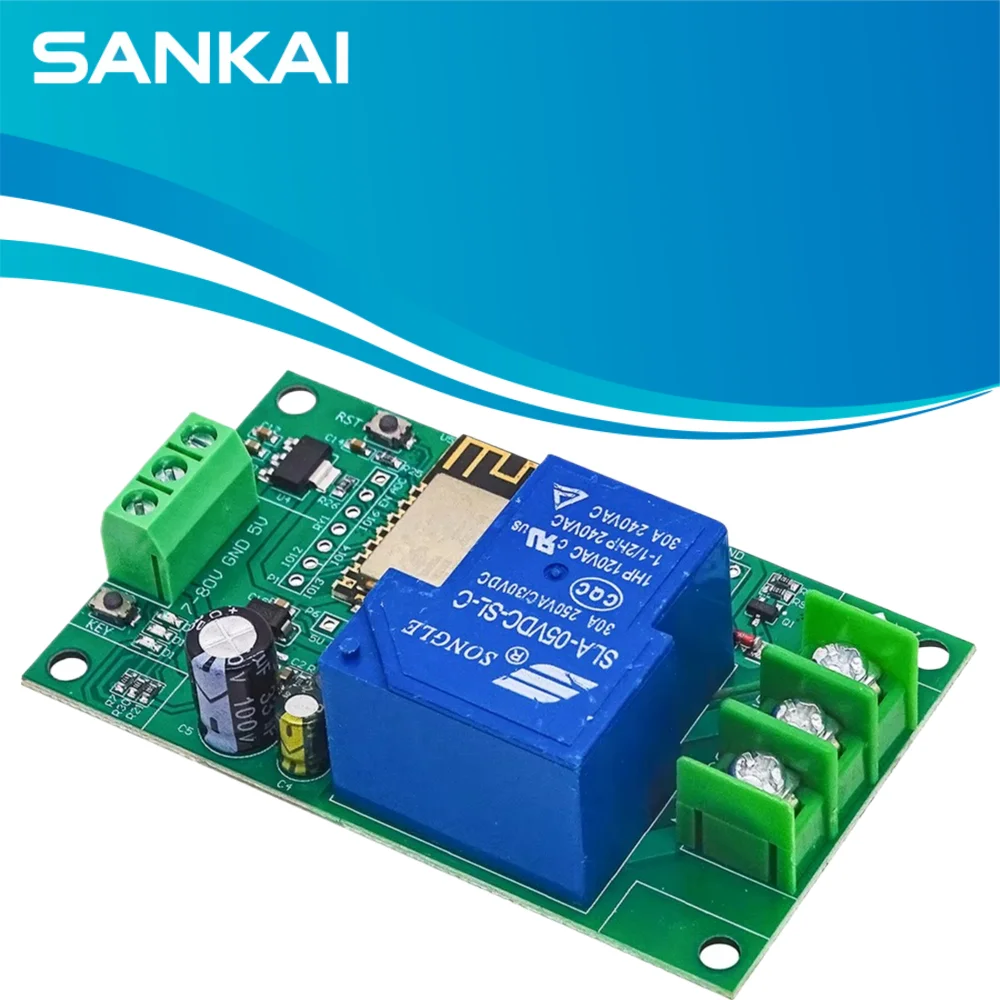 ESP8266 ESP-12F WiFi Relay Module 1CH 30A, DC 7-80V Wide Voltage, 5V Output for IoT
