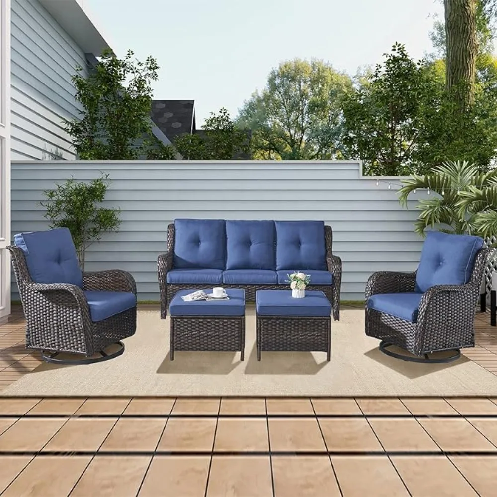 

Rattan Outdoor Sectional Conversation Sets with 2 Rocking Swivel Chairs,2 Ottomans Deck Garden Brown/Blue Garden Sofas