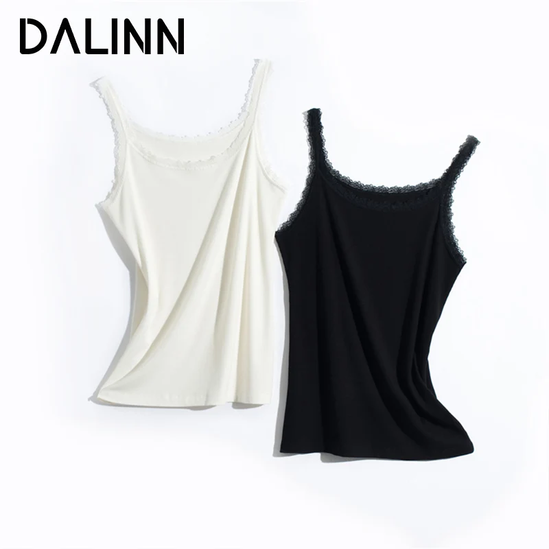 DALINN-camisolas informales para mujer, 30% seda, 70% algodón, cuello de encaje, sin mangas, camiseta acogedora, blanco y negro, primavera y verano